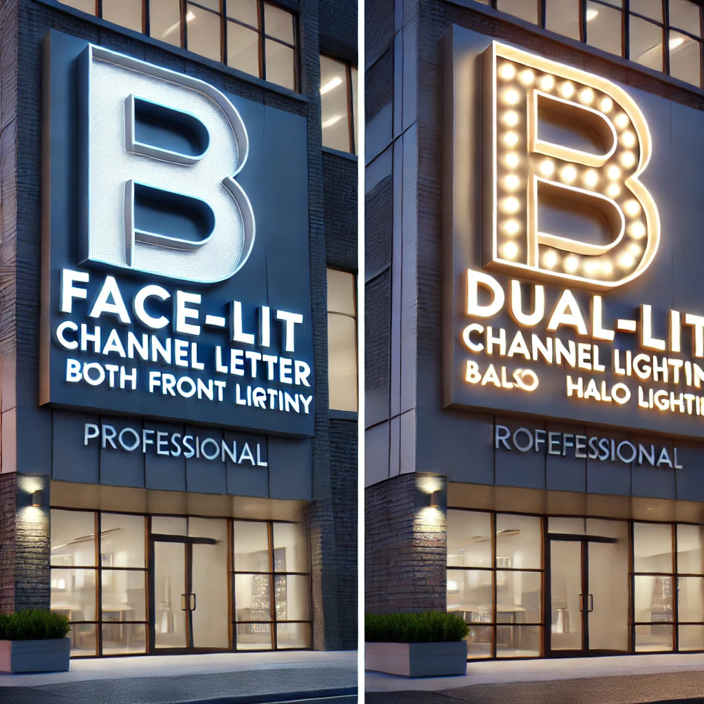 Illuminate your business with face-lit or dual-lit channel letters, featuring bright front lighting and stunning halo effects for maximum visibility and impact, day or night.